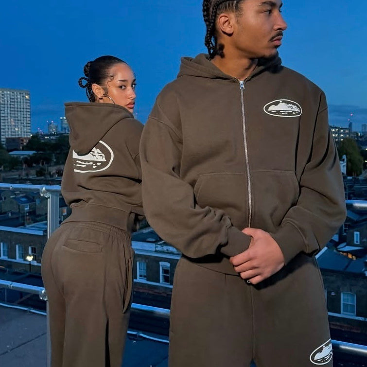 Corteiz Island Puff-Print Zip-Up Hoodie - "Brown"