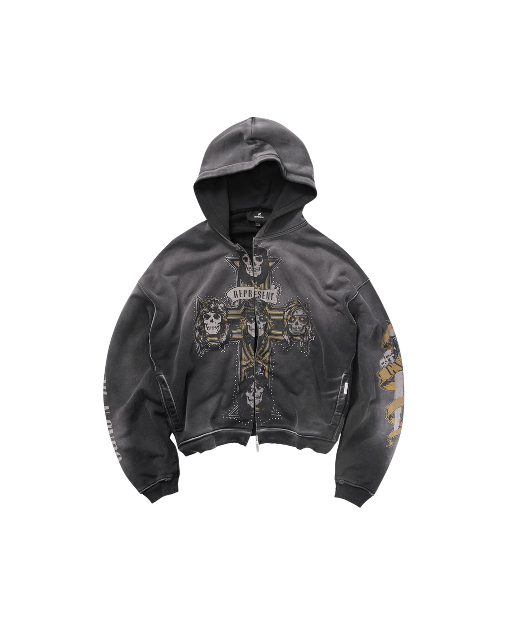 Represent X Guns N' Roses Cross Zip Through Hoodie - "Stained Black"