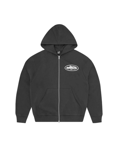 Corteiz Island Puff-Print Zip-Up Hoodie - "Washed Black"