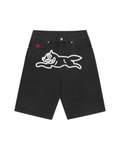 Ice Cream Dog-Motif Denim Shorts - "Black/White"