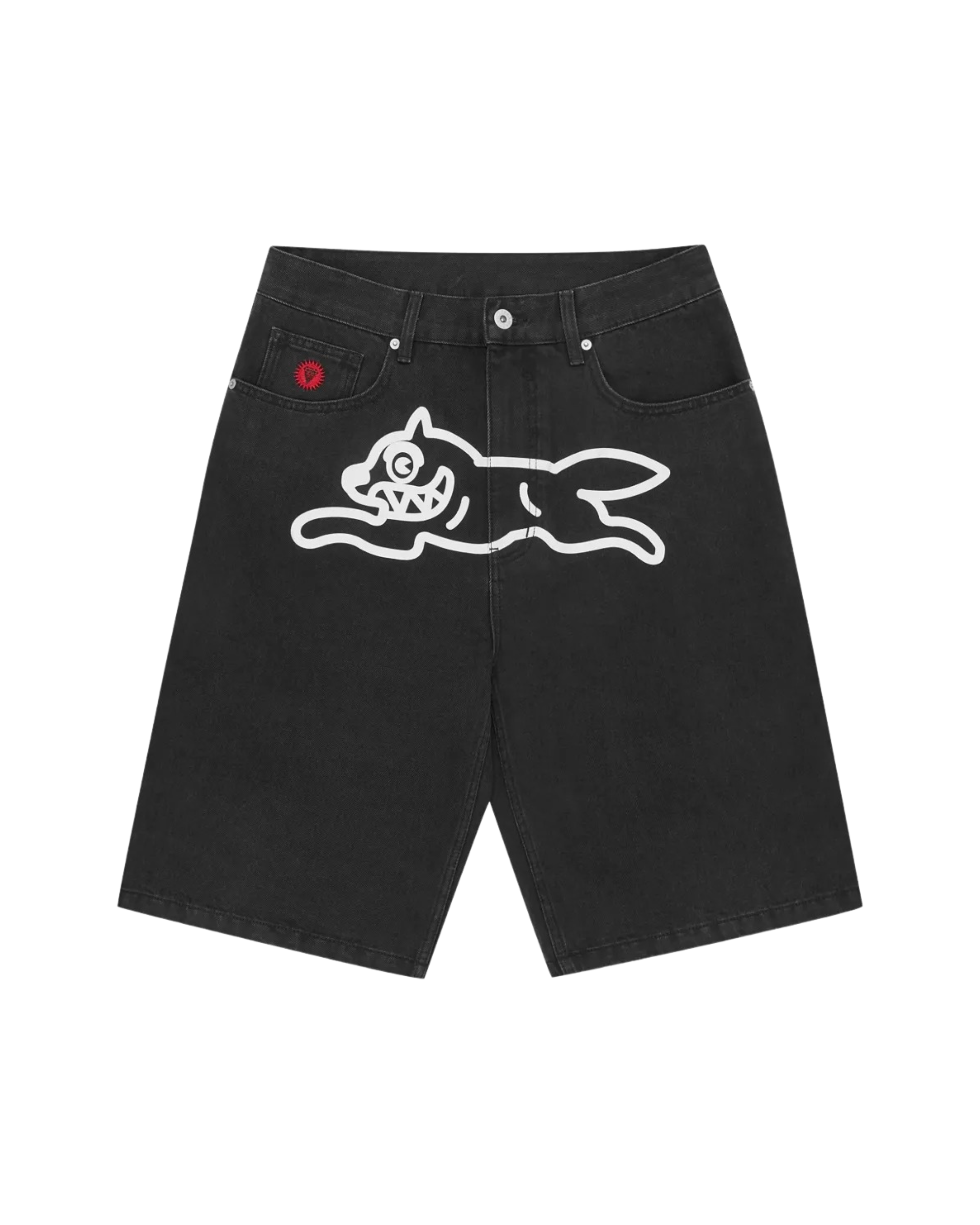Ice Cream Dog-Motif Denim Shorts - "Black/White"