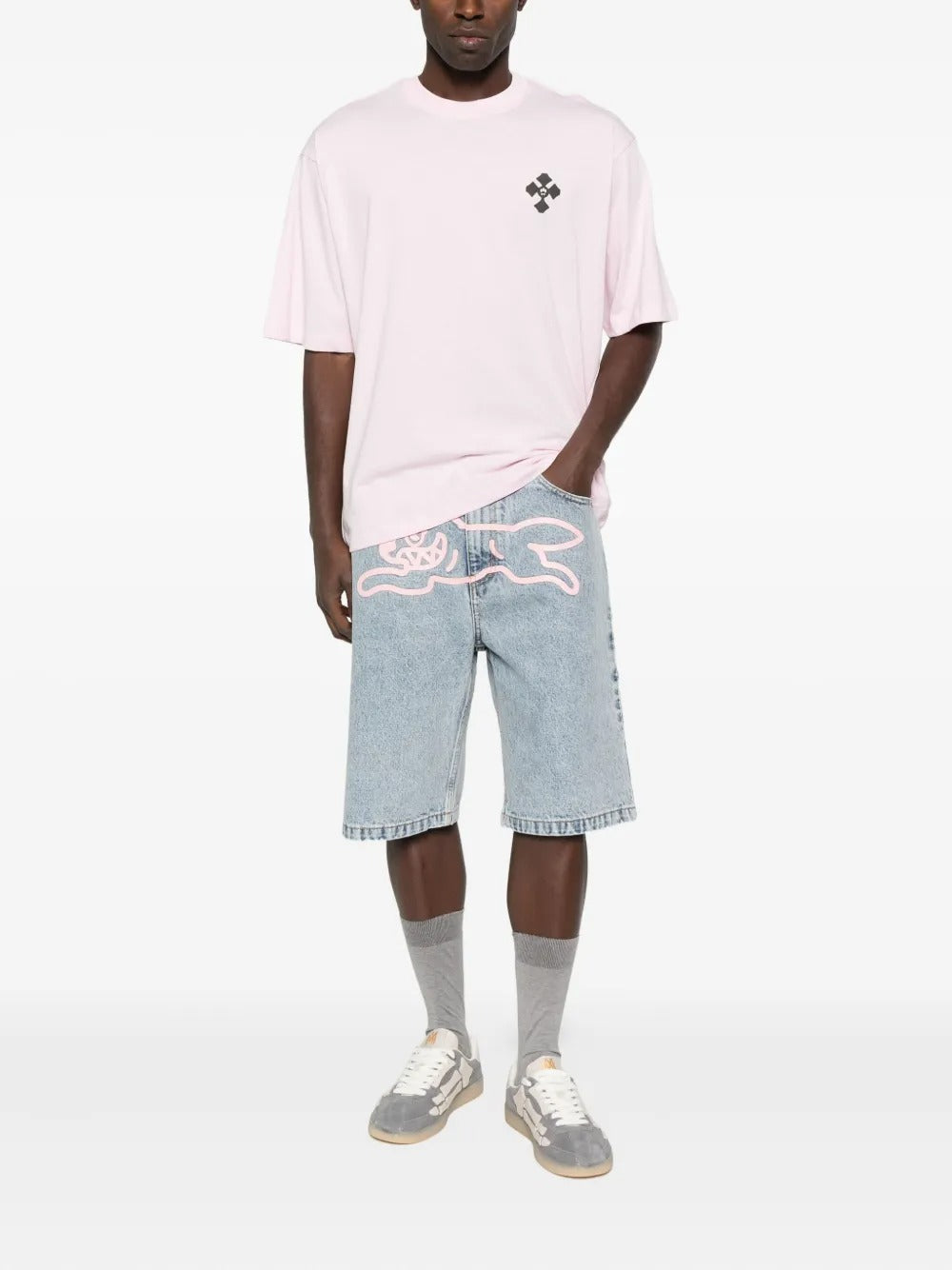 Ice Cream Dog-Motif Denim Shorts - "Heavy Wash Blue"