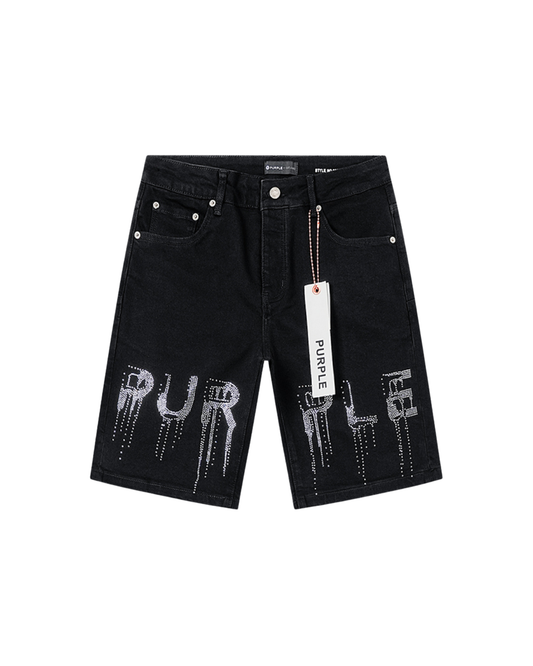 Purple Brand Rhinestone Drip Logo Denim Shorts - "Black"