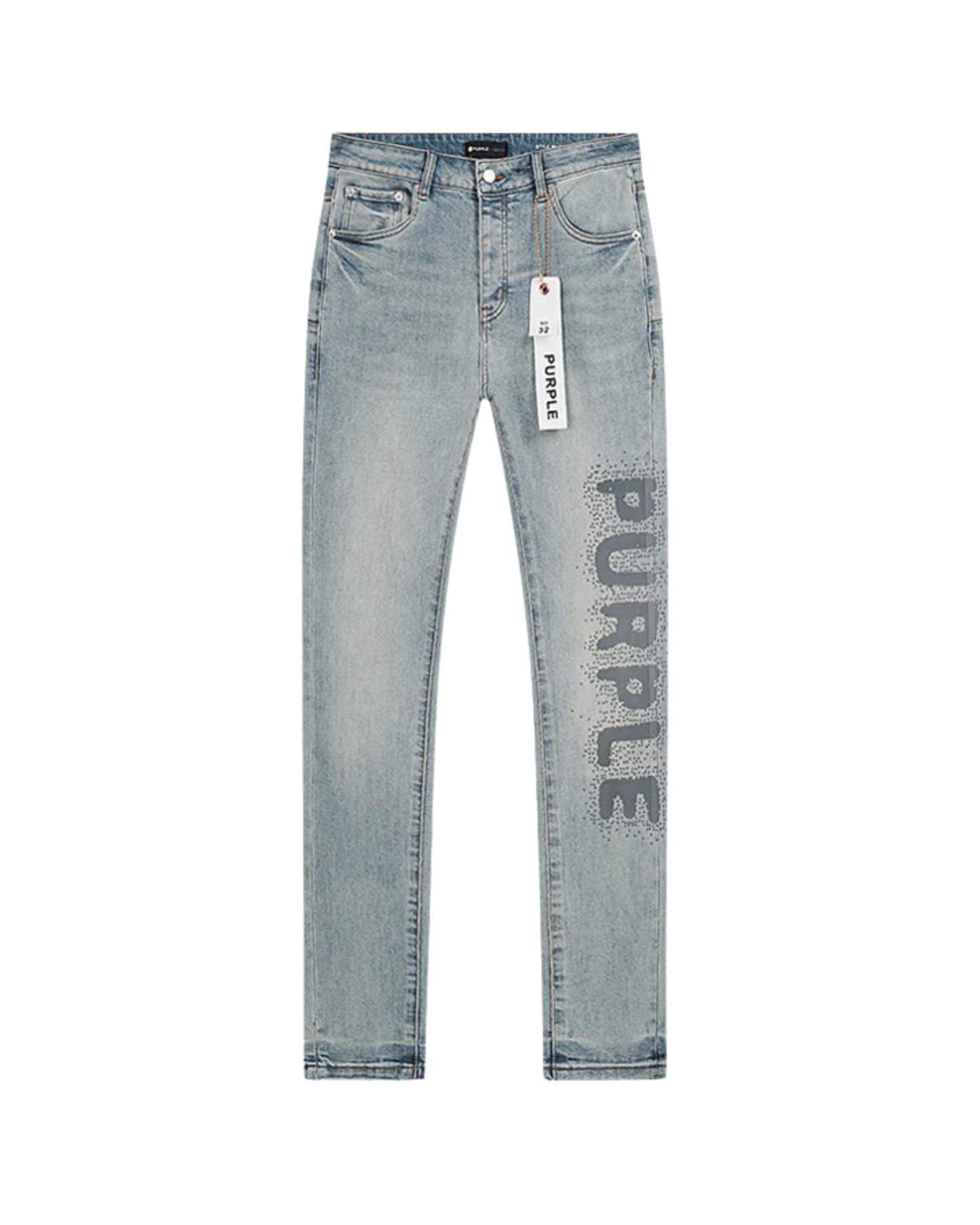 Purple Rhinestone Logo Denim Jeans - "Light Blue"
