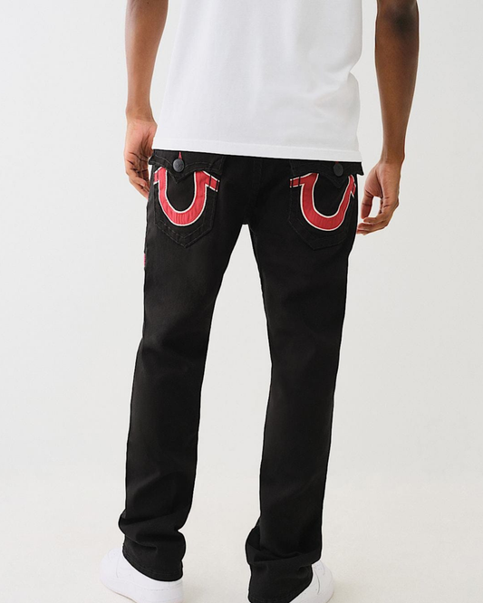 True Religion Men SUPER T Ricky Straight Fit Mid Rise Jeans - "Black/Red"